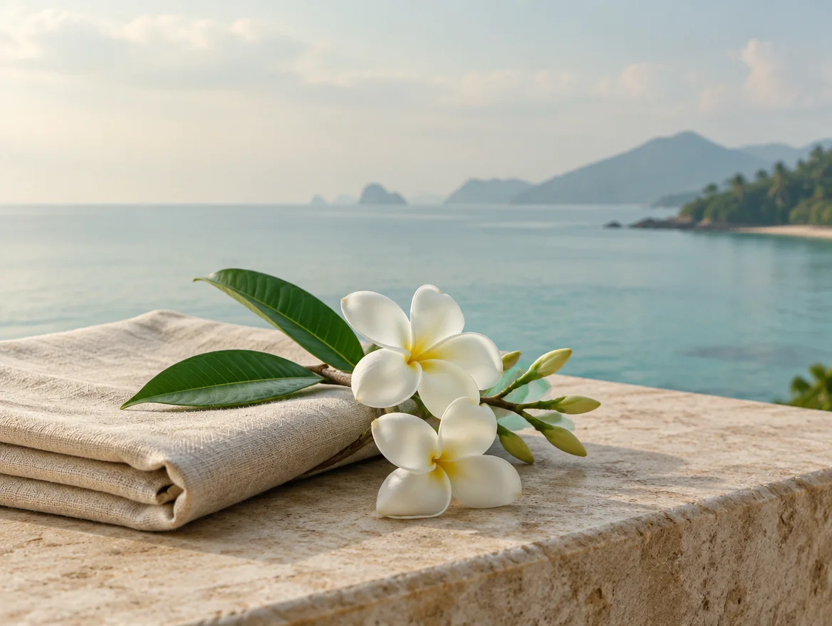 White flowers beside a tranquil Thai coastline